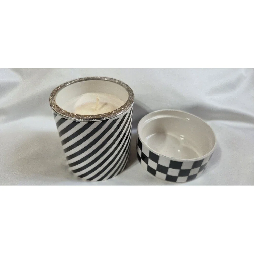 Vintage Bloomingdales Unscented Candle Checker Pattern Porcelain Canister Lid
